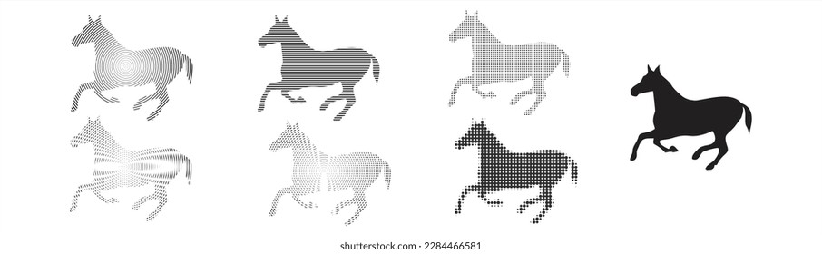 Black and white horse silhouette with various textures. Vector illustration in set