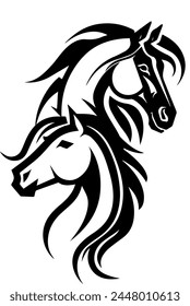 Black and white horses heads with mane