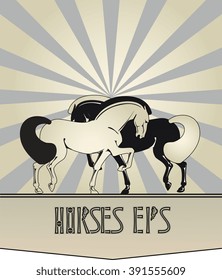 black and white horses on pale geometrical background