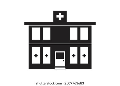 A black and white hospital icon, showcasing a two-story building with cross symbols on the doors and roof, representing medical services.