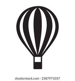 A black and white hot air balloon icon, representing adventure, travel, and celebration