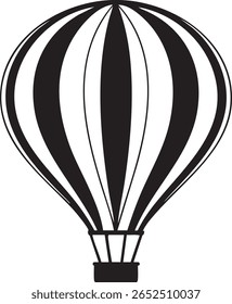 Black and white hot air balloon silhouette isolated on transparent background	
