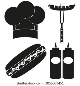 Black and white hot dog cooking silhouette set Food themed vector illustration for gift card certificate sticker, badge, sign, stamp, logo, label, icon, poster, patch