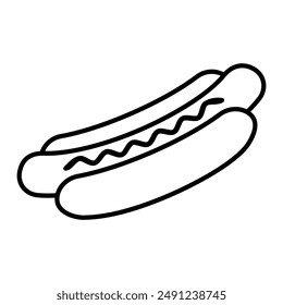 black and white hot dog isolated on white, fast food icon, flat style