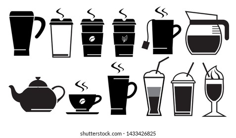 Black and white hot drinks vector icons