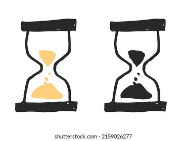 Icono de vidrio de color negro y blanco en estilo de boceto de doodle. Dibujo vectorial aislado con garabatos de vidrio arenoso. Estilo de dibujo de niño de dibujos animados de reloj de arena plana