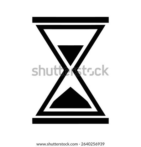 A black and white hourglass with sand flowing from the top to the bottom.