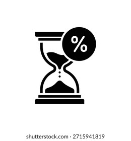 Icono sólido de reloj de arena blanco y negro con símbolo de porcentaje de descuento superpuesto