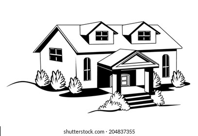 Black and white house with bushes and lawn