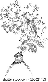 Black and white house with butterflies, hearts and doodles flying out of the chimney.