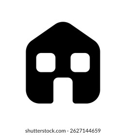 A black and white house with a door and windows. The house is small and has a simple design