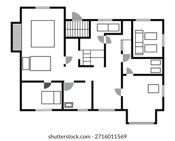Plan de piso de la Casa Blanca y Negra con habitaciones amuebladas y escalera  
