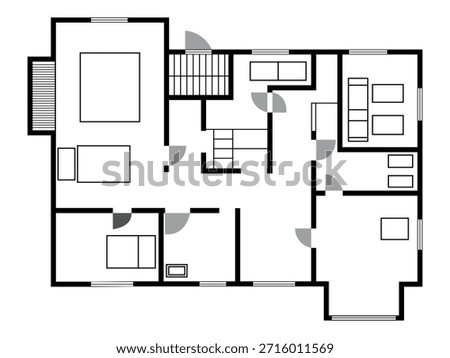 Black and White House Floor Plan with Furnished Rooms and Staircase  
