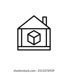 Black and white house icon with cube inside.