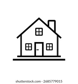 A black and white house icon with an outlined roof, door, windows, and chimney. This vector image shows a simple residence illustration.