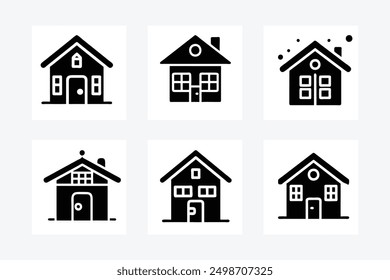 Black and white house icon shape silhouette vector art illustration design image set, perfect for real estate graphics, home decor, and minimalistic designs. Ideal for modern visuals.