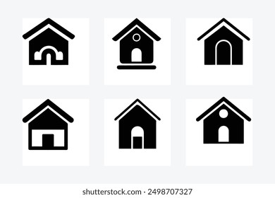 Black and white house icon shape silhouette vector art illustration design image set, perfect for real estate graphics, home decor, and minimalistic designs. Ideal for modern visuals.