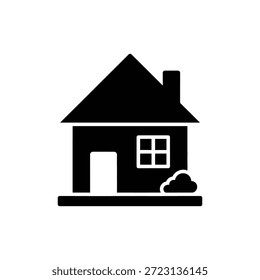 Ícone de casa preto e branco com telhado triangular e chaminé representando edifício residencial