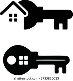 Black and white of house key and simplified building key with window symbols keys