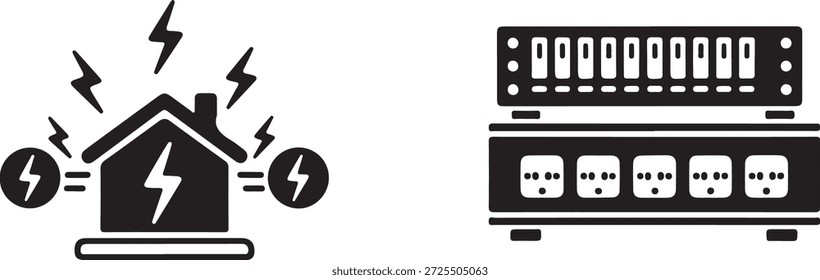 Blanco y negro de la casa con la energía del relámpago y del panel eléctrico