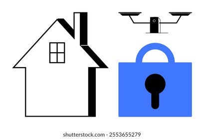 Black and white house outline beside blue padlock symbol and black surveillance camera. Ideal for home security, surveillance systems, safety, property protection, real estate. Minimalist vector