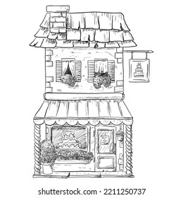 A black and white house in the style of Hand draw. A house with a bakery. Sketch of a house with flowers and a pastry shop