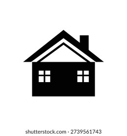 Black and white house with two windows and a chimney