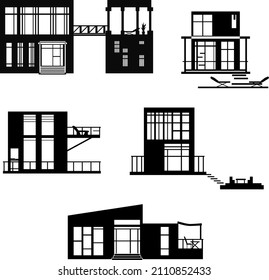 Black and white houses in modern style. High tech industrial home silhouettes. Set of stylish  isolated vector houses. 