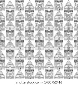 Black and white houses with patterns on a white background. Seamless pattern coloring book for kids and adults. Suitable for packaging, fabrics, wallpapers and simple colorings
