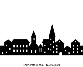 Black and white houses, towers and buildings with windows, small town street seamless border, vector background