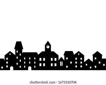 Black and white houses towers and buildings with wondows, small town street seamless border, vector background