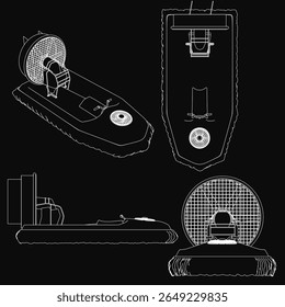 Um aerodeslizador preto e branco desenhando sobre um fundo escuro apresenta rodas detalhadas, hélices e componentes mecânicos. O design elegante lembra um barco futurista ou travesseiro flutuante.