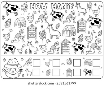 Black and white how many activity page for kids with cute farm animals. Count the number of cow, donkey, goose and more. Puzzle game in outline for school and preschool. Vector illustration