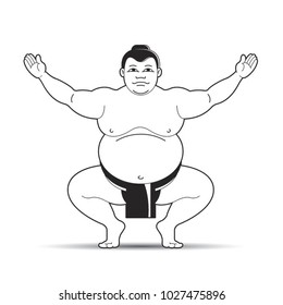 black and white huge sumo wrestler sitting and spreading hands vector cartoon