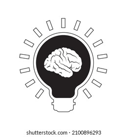black and white human brain in bulb vector icon