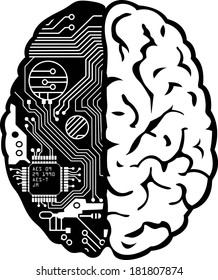 Black And White Human Brain With Computer Circuit Board Vector