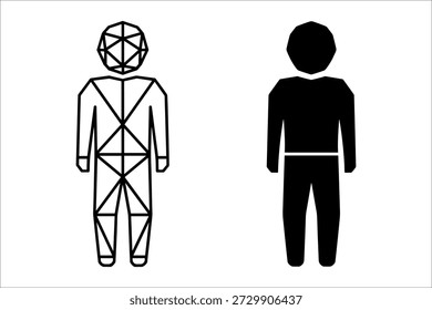 Black and white human figure with geometric wireframe structure next to solid figure