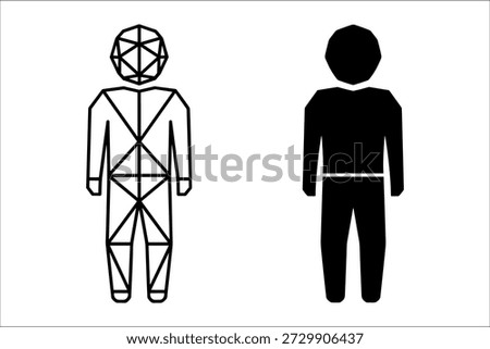 Black and white human figure with geometric wireframe structure next to solid figure