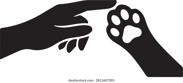Black and white of a human finger pointing towards an animal paw print on a white background, hand