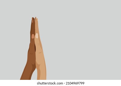 Black and white human hands touch palms, as sign of friendship, respect, love. Concept of combating racism. Vector illustration in a flat style