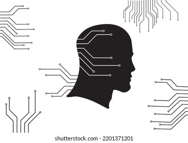 Black and white Human head with digital circuit incorporated. Vector illustration of artificial intelligence