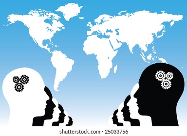 Cabezas humanas blancas y negras frente al mapa del mundo