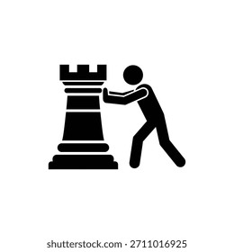 Blanco y negro humano empujando la torre de ajedrez icono de estrategia de negocios