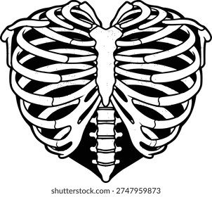 Black and white human rib cage shaped like a heart ribcage skeleton