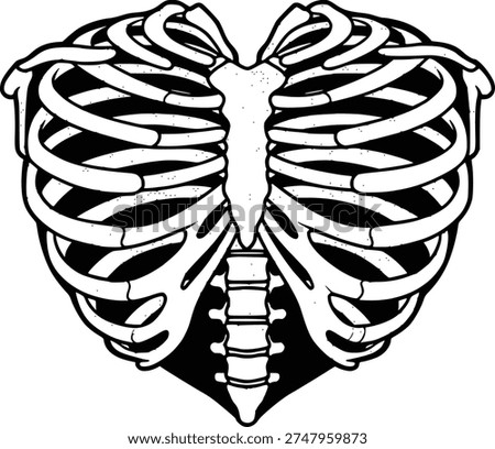 Black and white human rib cage shaped like a heart ribcage skeleton