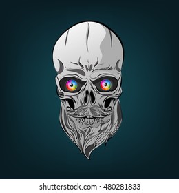 Black and white human skull with Beard and colorful eyes on dark green background, vector illustration.