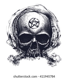 Calavera humana blanca y negra. Ilustración vectorial dibujada por mano