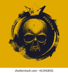 Black and white human skull. Hand drawn vector illustration