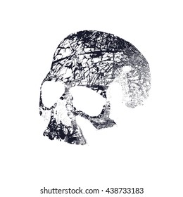 Black and white human skull. Hand drawn vector illustration