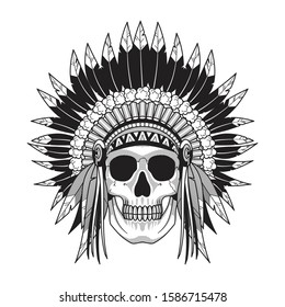 Black and white human skull with Native American Headdress